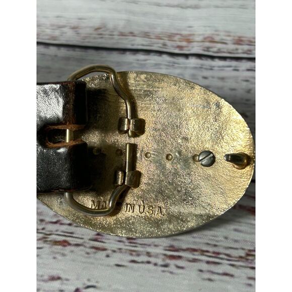 Vtg Mens Brown Agate Genuine Leather Tooled Oval Buckle Belt Size 34 Made in USA - Picture 5 of 11